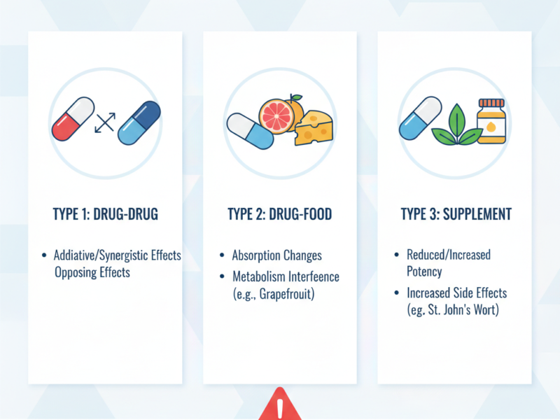 An educational infographic categorizing drug interactions into three types: drug-drug, drug-food, and drug-supplement, with illustrative icons and brief explanations.