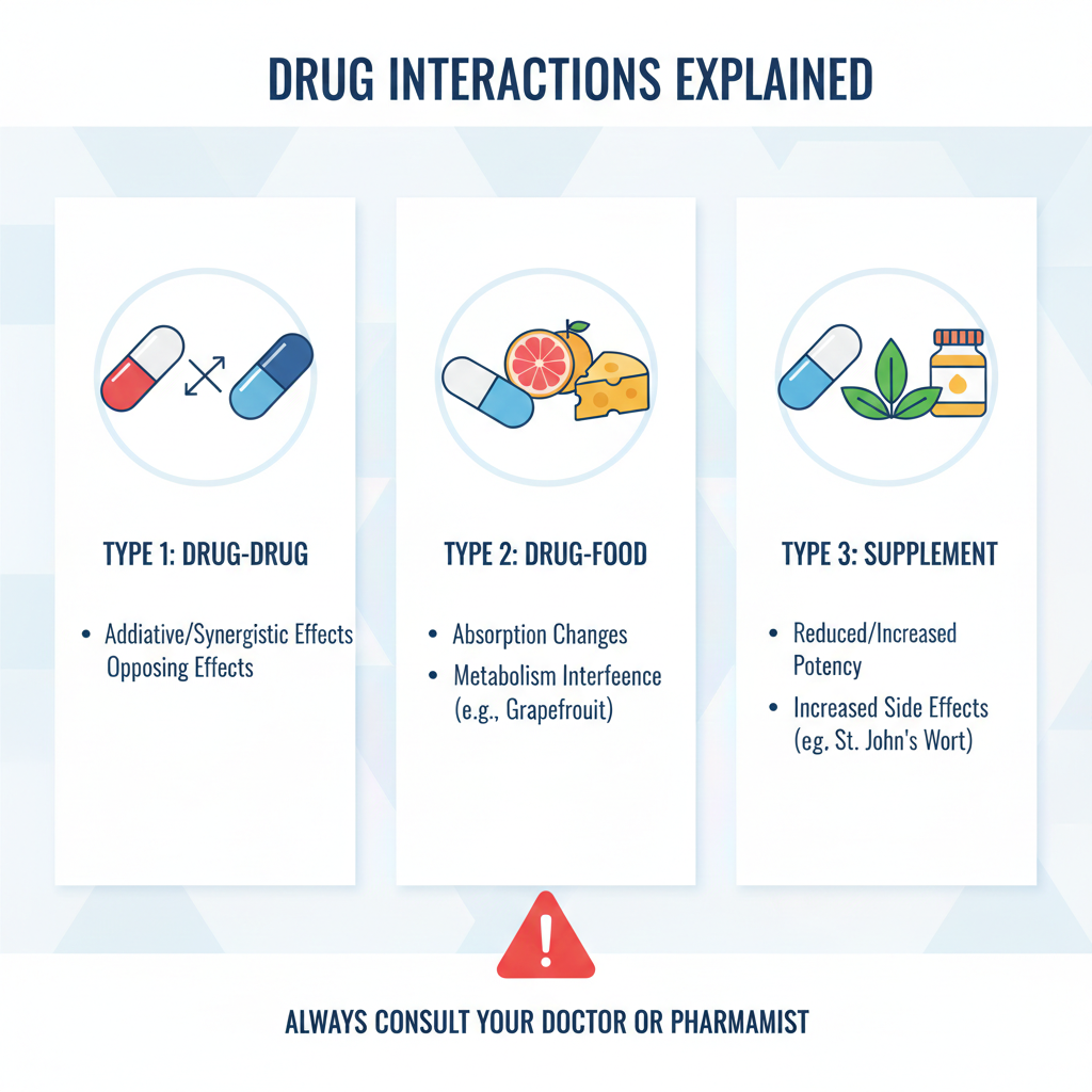 An educational infographic categorizing drug interactions into three types: drug-drug, drug-food, and drug-supplement, with illustrative icons and brief explanations.