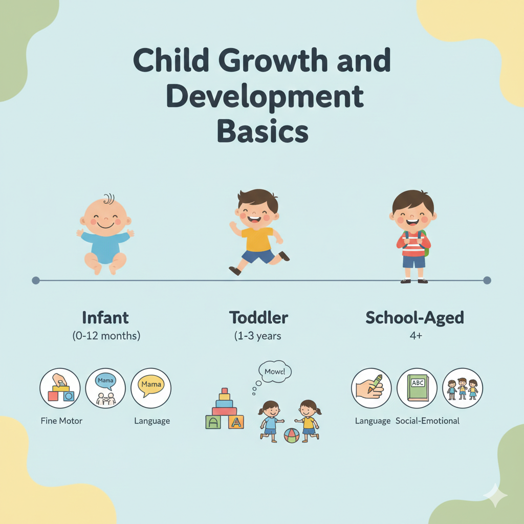 An educational infographic showing a growth timeline from infant to school-aged child with icons for fine motor, language, and social-emotional development.