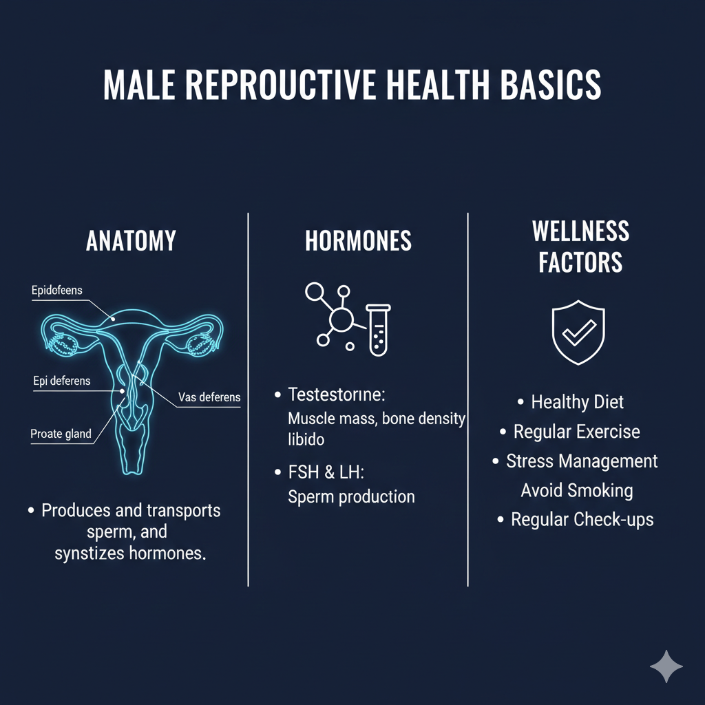 A medical infographic on a solid navy blue background divided into three sections: Anatomy, Hormones, and Wellness Factors for male reproductive health.