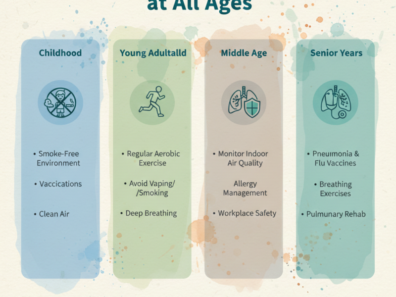 A multi-panel medical infographic titled "Maintaining Healthy Lungs at All Ages," featuring specific health strategies for childhood, adulthood, and the senior years.