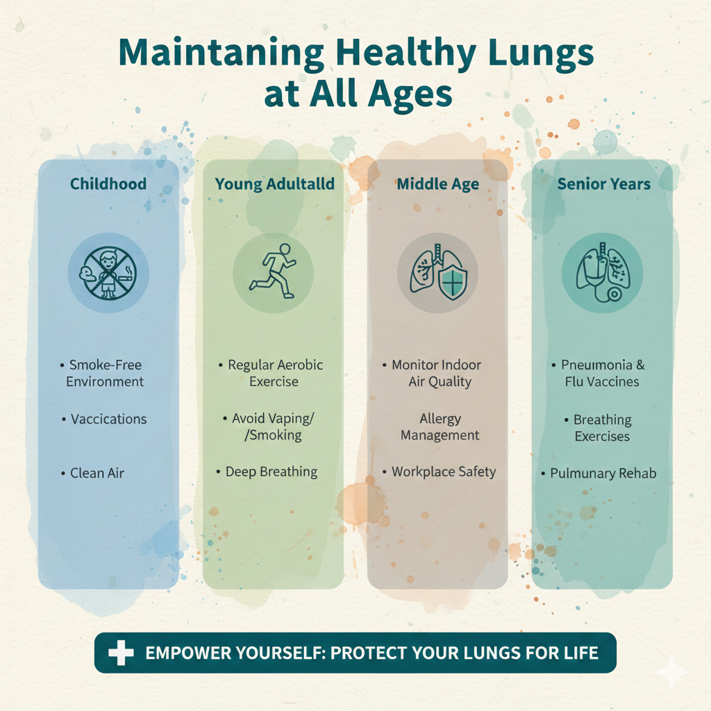 A multi-panel medical infographic titled "Maintaining Healthy Lungs at All Ages," featuring specific health strategies for childhood, adulthood, and the senior years.