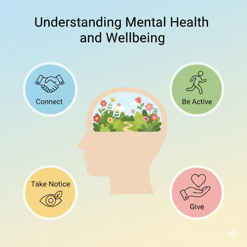 A calming infographic showing a profile of a human head with a blooming garden inside, surrounded by icons for social connection, physical activity, mindfulness, and giving.