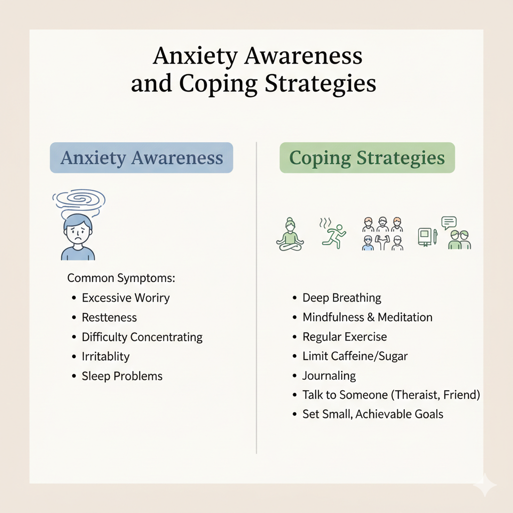 A two-column infographic titled "Anxiety Awareness and Coping Strategies" listing symptoms like worry and restlessness alongside solutions like deep breathing and journaling.