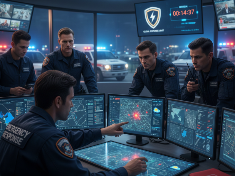 A team of emergency responders in uniform monitoring digital maps and data on multiple screens inside a high-tech command center at night.