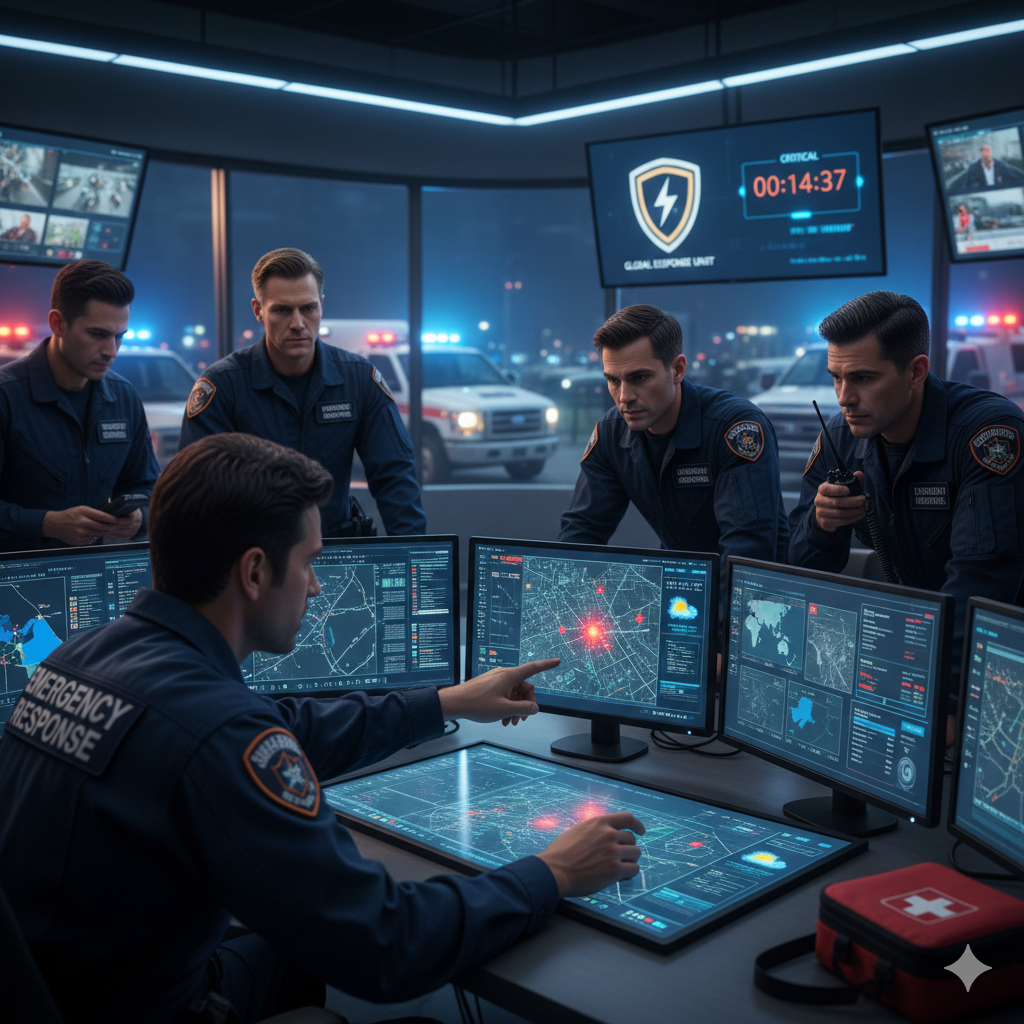 A team of emergency responders in uniform monitoring digital maps and data on multiple screens inside a high-tech command center at night.