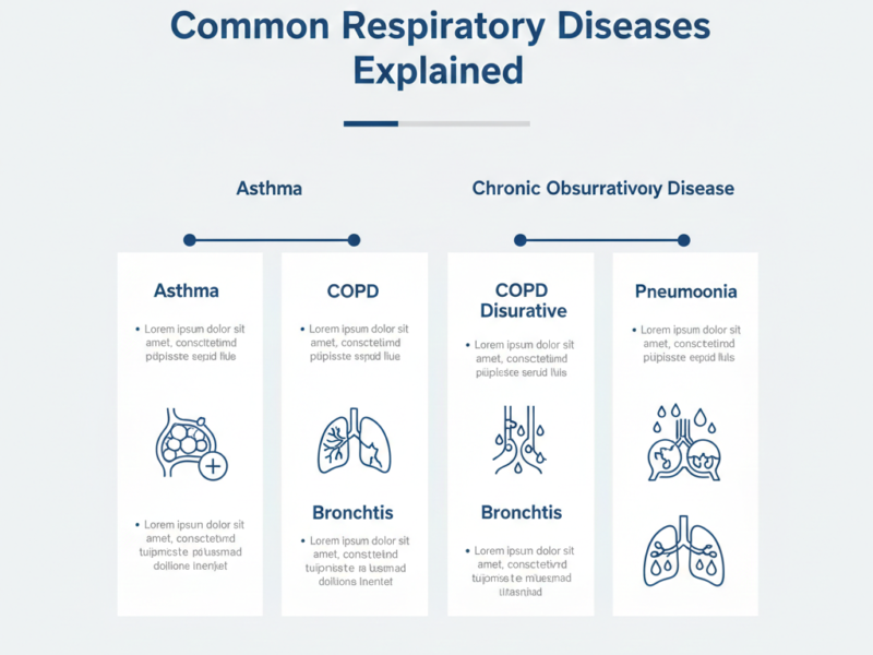 A medical infographic featuring four panels that provide overviews of common respiratory conditions: Asthma, COPD (Chronic Obstructive Pulmonary Disease), Bronchitis, and Pneumonia.