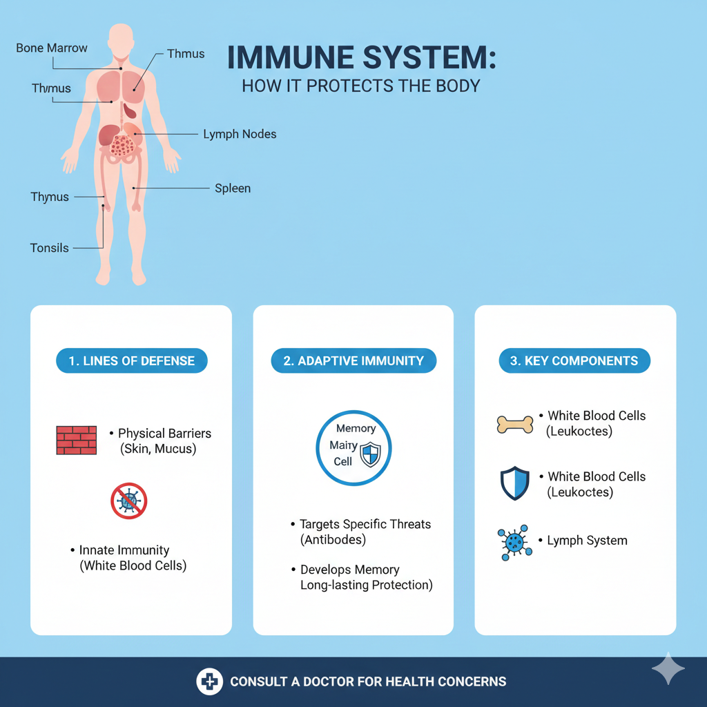 A medical infographic illustrating the human immune system with a diagram of lymph nodes and spleen, alongside sections on lines of defense, adaptive immunity, and white blood cells.