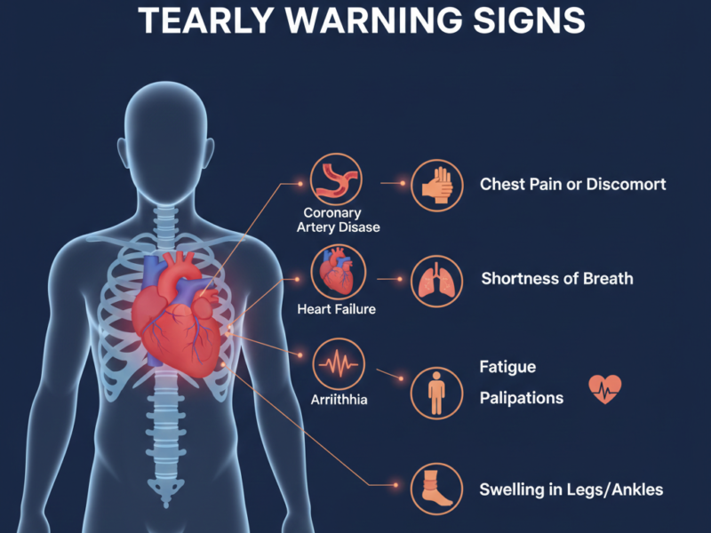 A medical infographic on a navy blue background showing a human skeletal silhouette with a highlighted heart and icons listing symptoms like chest pain, shortness of breath, and fatigue.