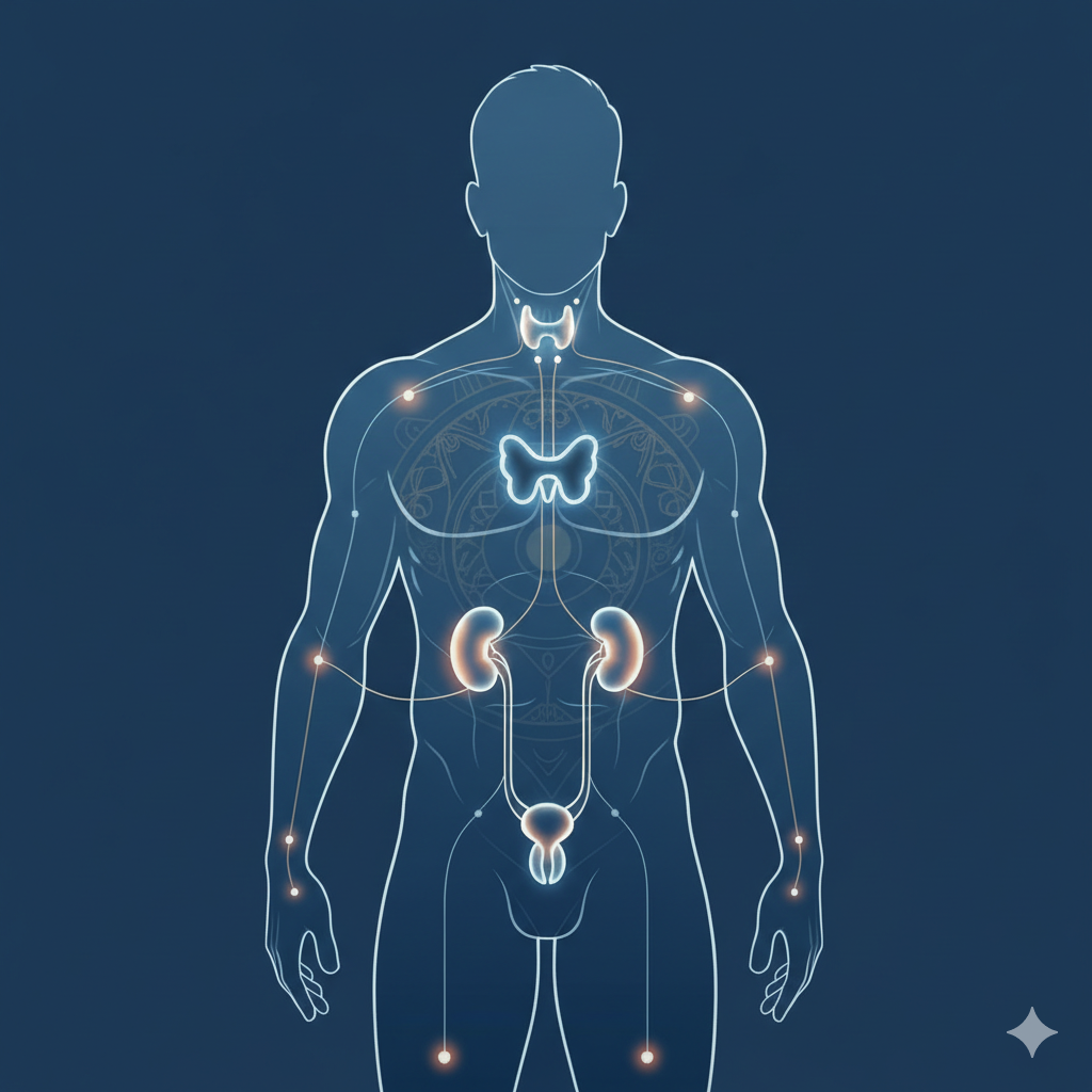 A medical illustration of a male silhouette against a solid navy blue background, featuring glowing highlights on the thyroid, adrenal glands, and testes.