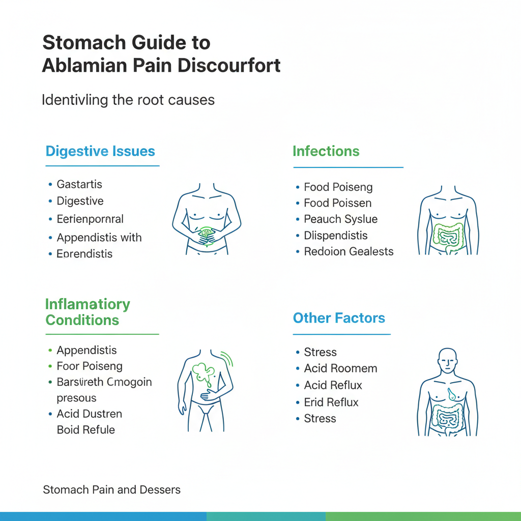 A medical infographic with four sections identifying common causes of abdominal pain, including digestive issues, infections, and inflammatory conditions.