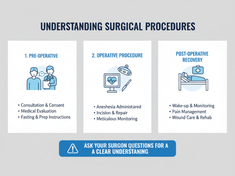 A medical infographic featuring a surgical team in a sterile operating room, highlighting the three phases of surgery: preoperative preparation, the operative procedure, and postoperative recovery.
