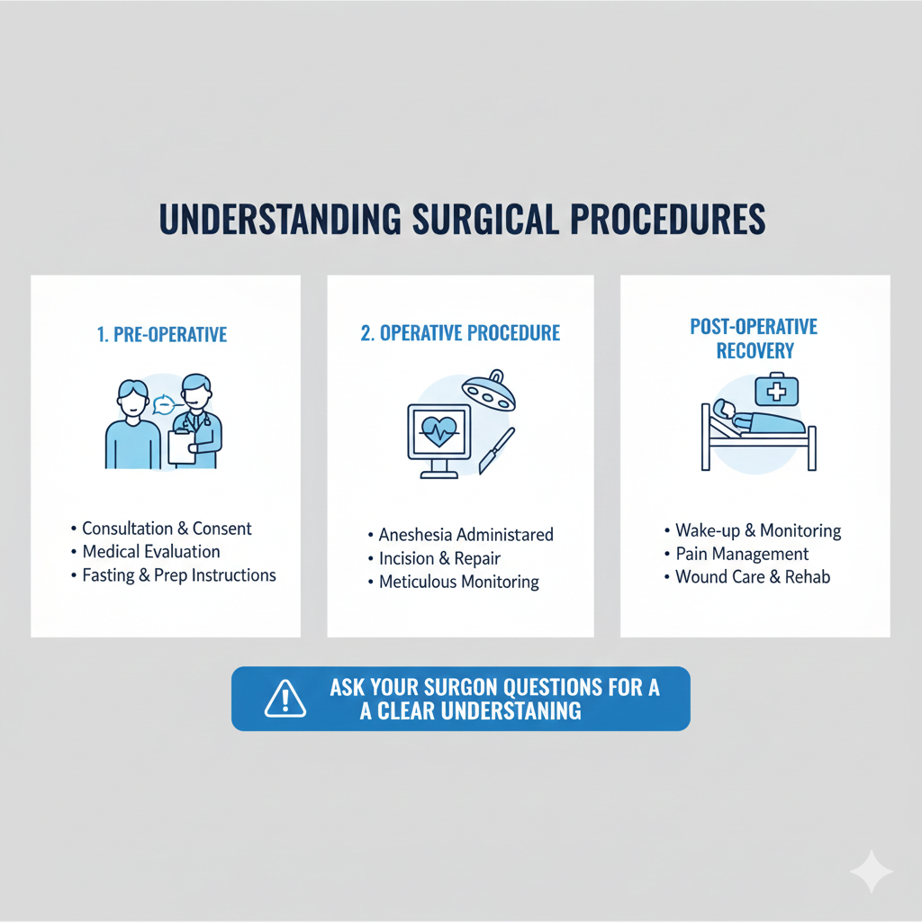 A medical infographic featuring a surgical team in a sterile operating room, highlighting the three phases of surgery: preoperative preparation, the operative procedure, and postoperative recovery.