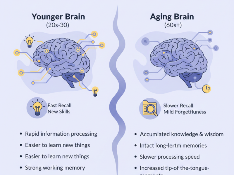 A comparative infographic titled "Memory Changes With Aging" showing a side-by-side illustration of a younger brain with fast recall and an aging brain with accumulated wisdom.