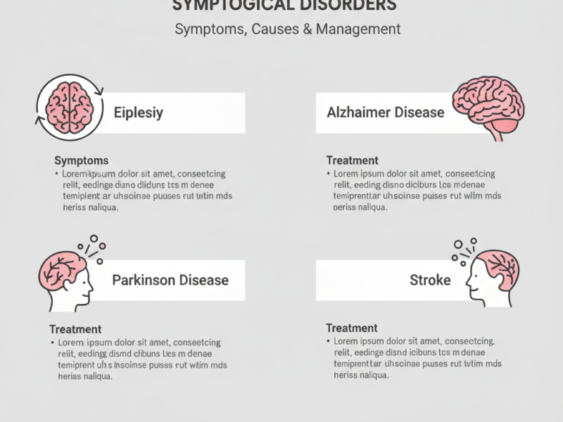 An educational infographic featuring four sections with brain icons explaining Epilepsy, Alzheimer's Disease, Parkinson's Disease, and Stroke.