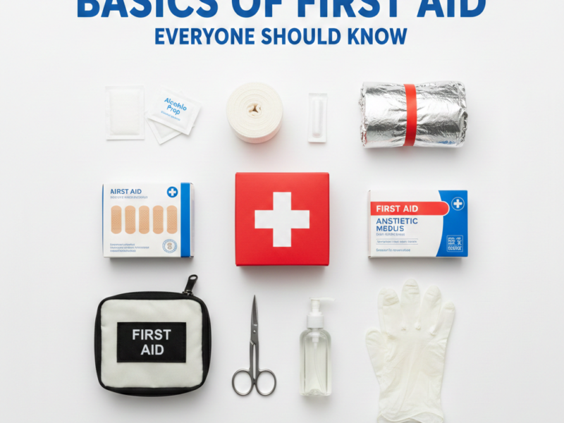 A neat overhead arrangement of essential first aid supplies including bandages, gauze, scissors, and a medical kit on a white background.
