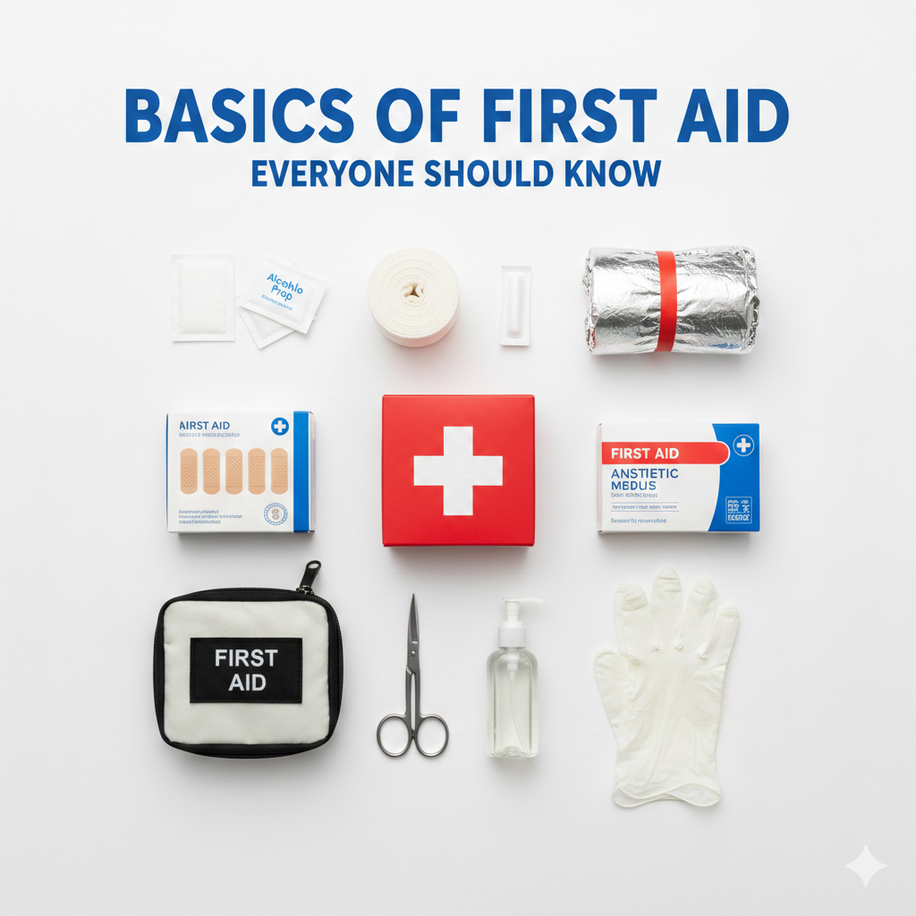 A neat overhead arrangement of essential first aid supplies including bandages, gauze, scissors, and a medical kit on a white background.