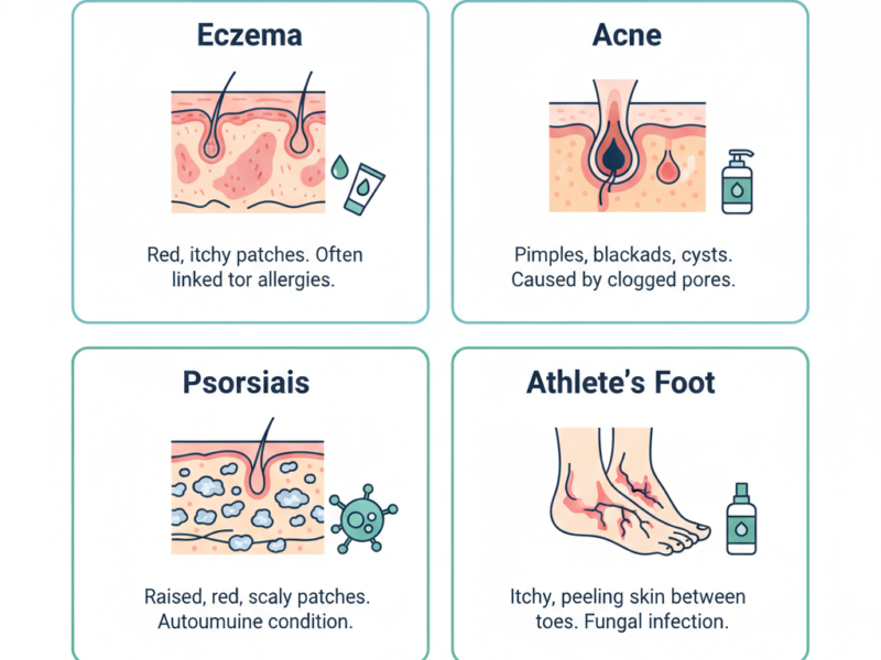 A medical infographic featuring four panels that illustrate and explain the symptoms of eczema, acne, psoriasis, and athlete's foot.