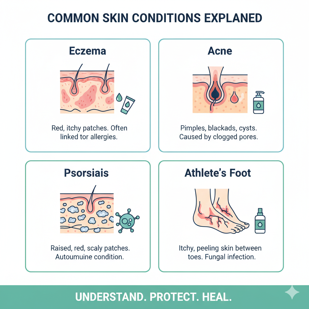A medical infographic featuring four panels that illustrate and explain the symptoms of eczema, acne, psoriasis, and athlete's foot.