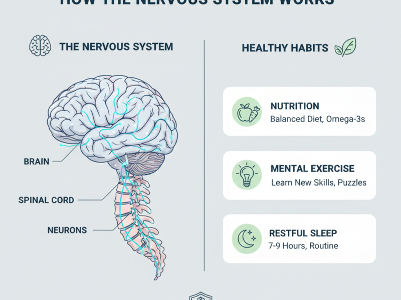A medical infographic illustrating the human brain and spinal cord alongside healthy habits like nutrition, mental exercise, and restful sleep.