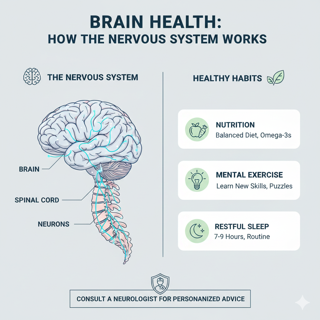 A medical infographic illustrating the human brain and spinal cord alongside healthy habits like nutrition, mental exercise, and restful sleep.