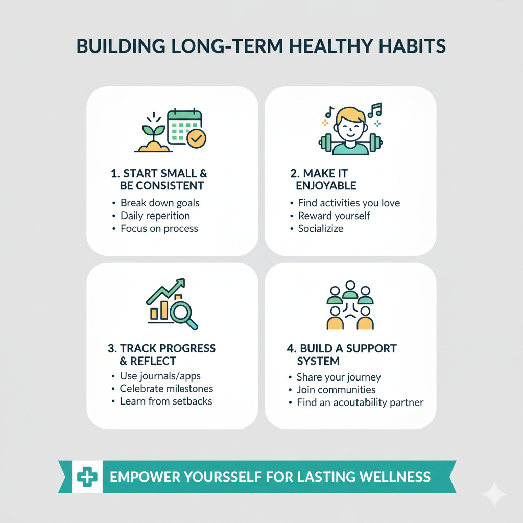 A four-panel infographic illustrating the journey to lasting wellness through starting small, making it enjoyable, tracking progress, and building a support system.