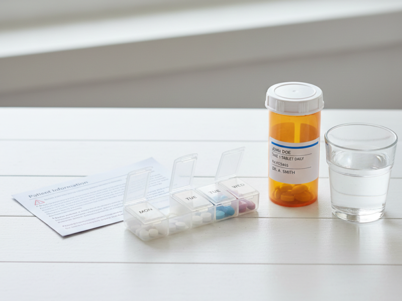 A well-organized tabletop featuring a weekly pill dispenser, a prescription bottle, a glass of water, and a patient information leaflet.