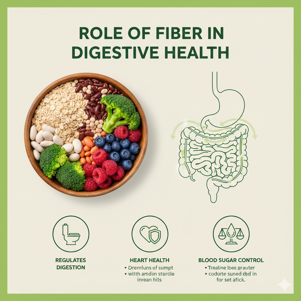 A nutritional infographic showing a bowl of high-fiber foods like broccoli, berries, and oats next to a line drawing of the human digestive system.