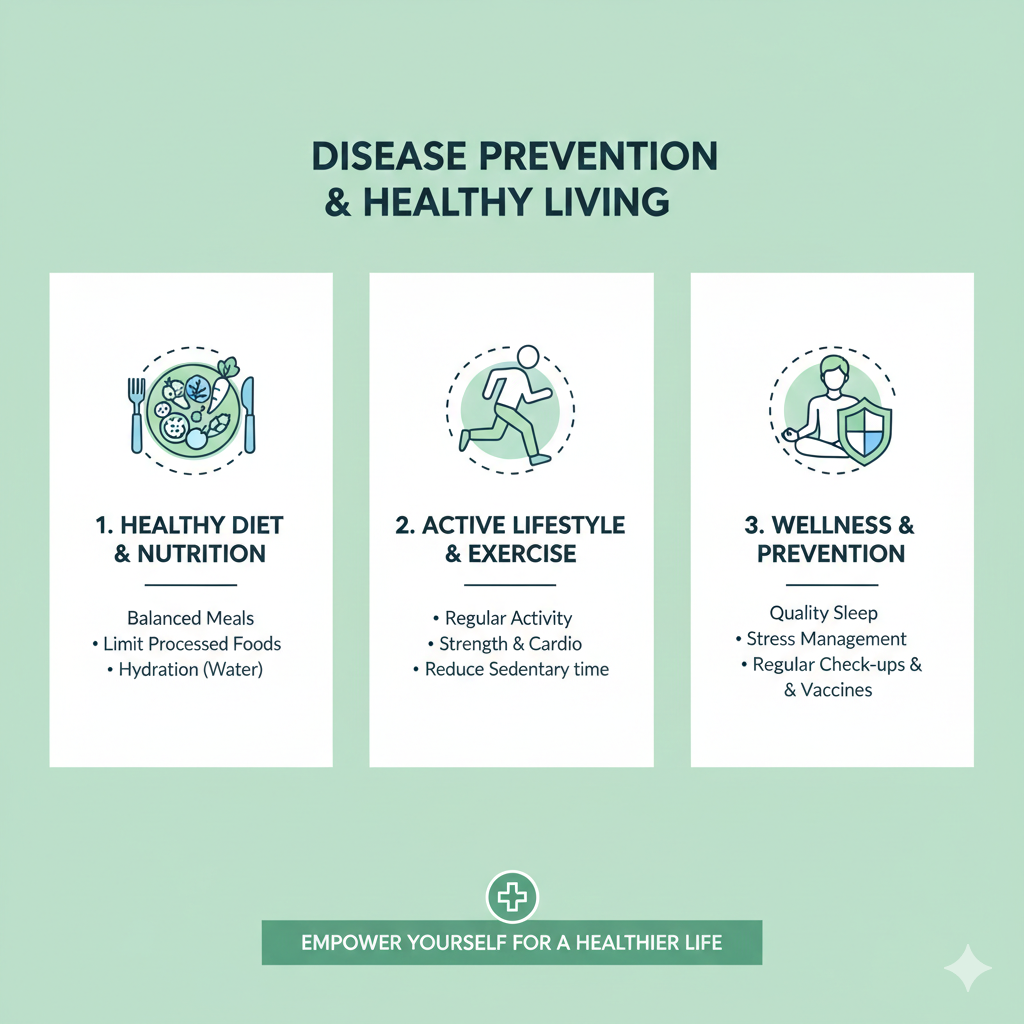 A three-panel medical infographic detailing key pillars of health: healthy diet and nutrition, an active lifestyle with exercise, and wellness practices like sleep and check-ups.