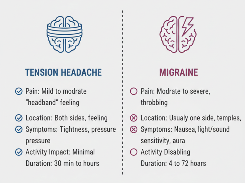 A side-by-side infographic comparing tension headaches and migraines, highlighting differences in pain intensity, location, and symptoms like nausea and light sensitivity.