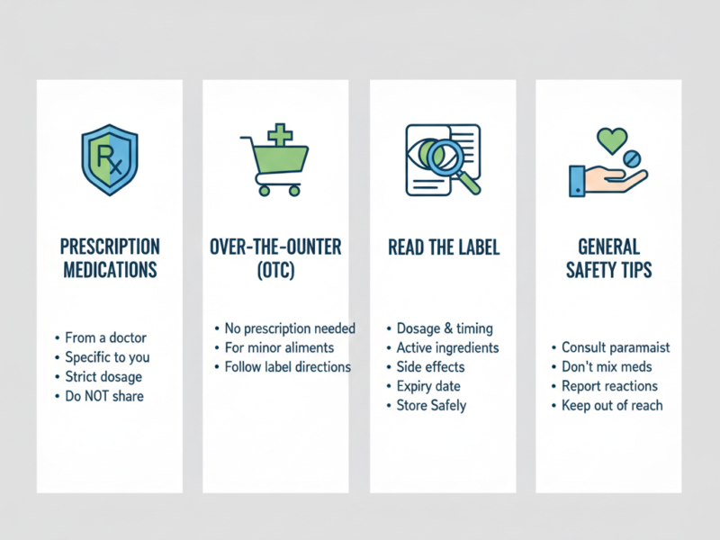 A clean infographic divided into four columns covering prescription medications, over-the-counter drugs, label reading, and general safety tips.
