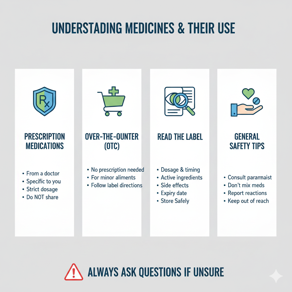 A clean infographic divided into four columns covering prescription medications, over-the-counter drugs, label reading, and general safety tips.