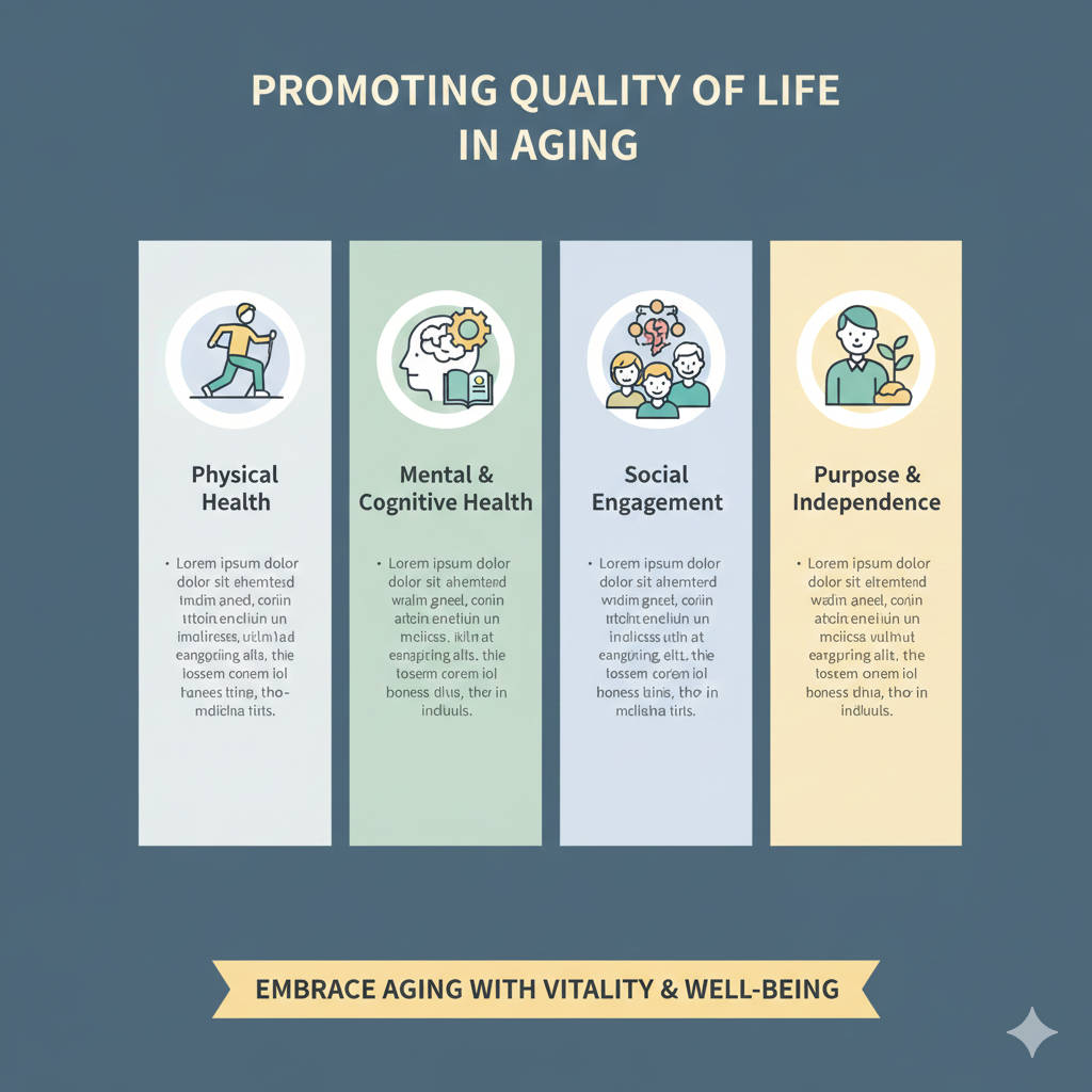 A multi-panel medical infographic highlighting four pillars of healthy aging: physical health, mental and cognitive health, social engagement, and purpose and independence.