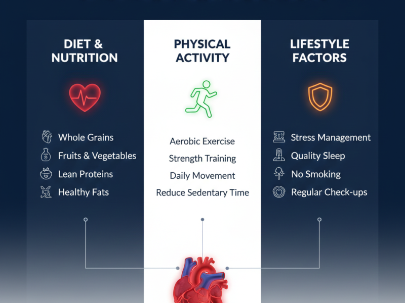 A professional medical infographic with a navy blue background featuring a detailed human heart and sections for diet, physical activity, and lifestyle factors.