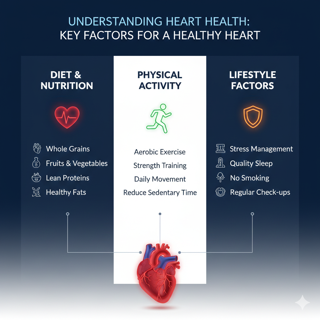 A professional medical infographic with a navy blue background featuring a detailed human heart and sections for diet, physical activity, and lifestyle factors.