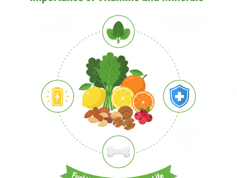 A colorful and vibrant infographic featuring a variety of fresh fruits, vegetables, and supplements, with icons highlighting their roles in energy, immunity, and bone health.