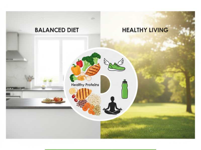A split-screen infographic showing a healthy meal plate with proteins and vegetables on one side and lifestyle icons like yoga and exercise on the other.