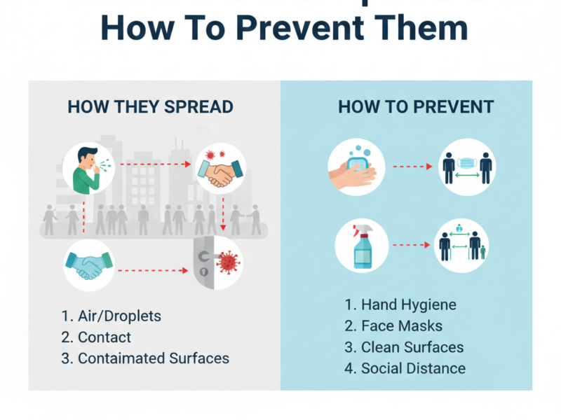 An educational split-screen infographic detailing modes of infection transmission like air droplets and contact, alongside prevention methods like hand hygiene and social distancing.