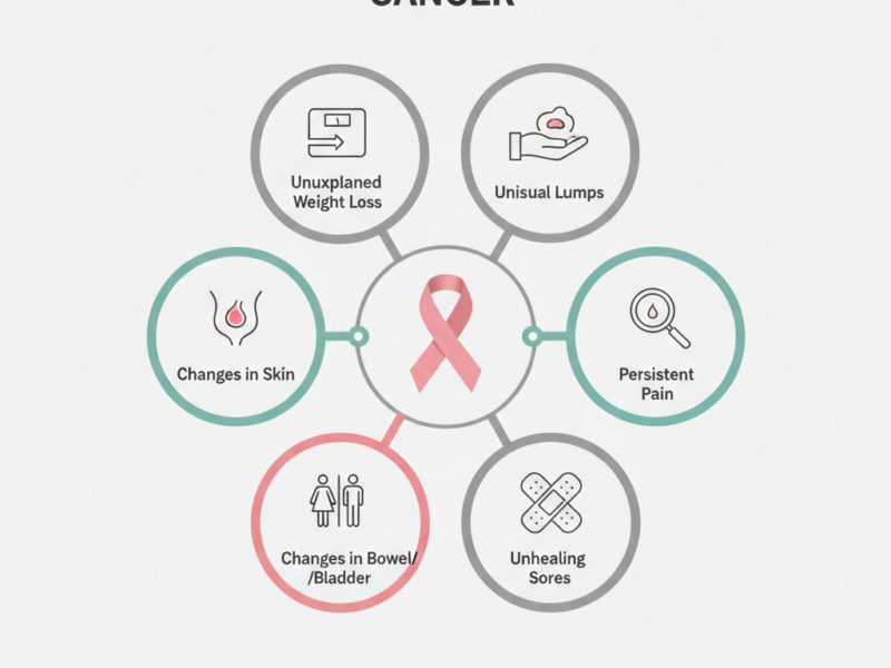 A circular infographic showing six early warning signs of cancer, including unexplained weight loss, unusual lumps, persistent pain, unhealing sores, and bodily changes, centered around a pink awareness ribbon.
