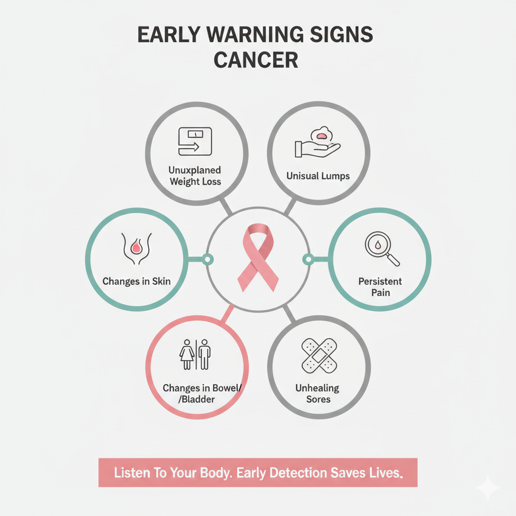 A circular infographic showing six early warning signs of cancer, including unexplained weight loss, unusual lumps, persistent pain, unhealing sores, and bodily changes, centered around a pink awareness ribbon.
