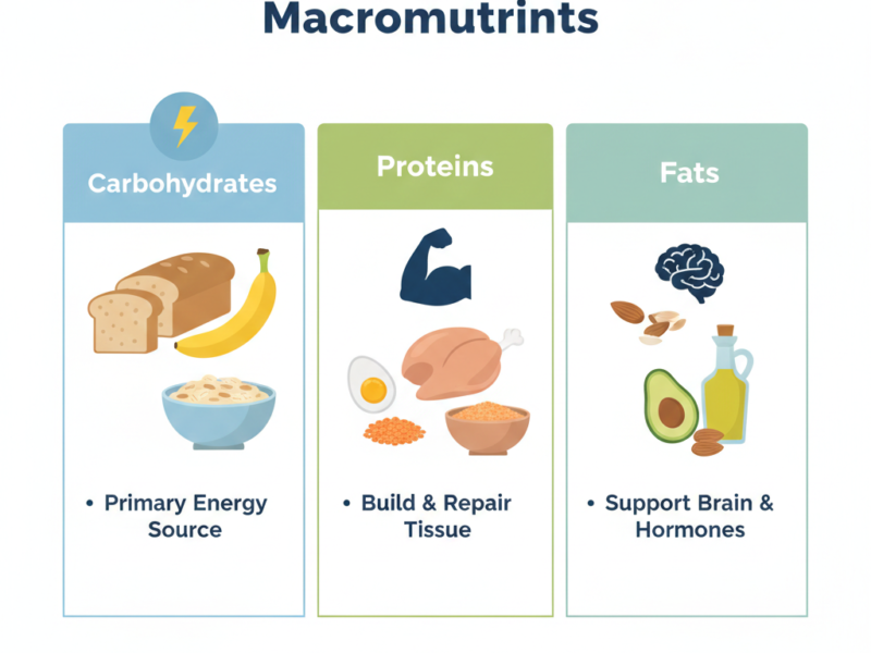 A professional educational graphic divided into three sections explaining the roles of Carbohydrates for energy, Proteins for tissue repair, and Fats for brain and hormone support.
