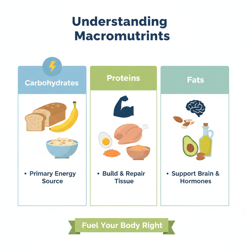 A professional educational graphic divided into three sections explaining the roles of Carbohydrates for energy, Proteins for tissue repair, and Fats for brain and hormone support.