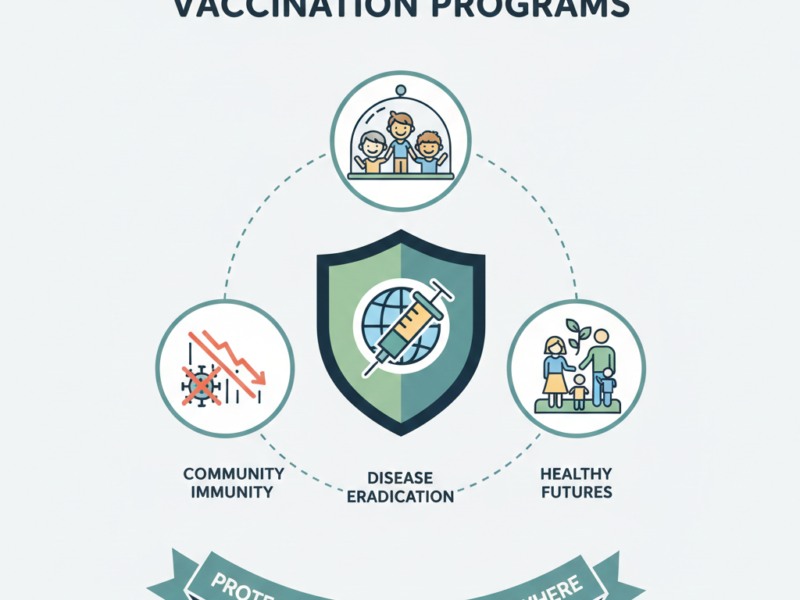 An informative infographic showing a central shield with a vaccine, surrounded by icons representing community immunity, disease eradication, and healthy futures.