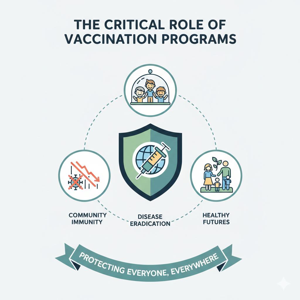 An informative infographic showing a central shield with a vaccine, surrounded by icons representing community immunity, disease eradication, and healthy futures.