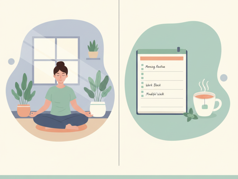 A split-screen illustration featuring a woman meditating peacefully and a daily planner next to a warm cup of tea, symbolizing mental and organizational balance.