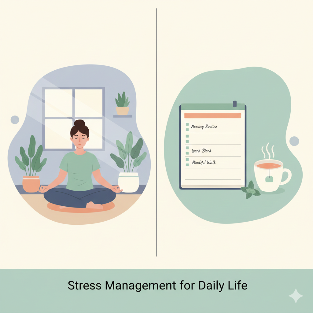 A split-screen illustration featuring a woman meditating peacefully and a daily planner next to a warm cup of tea, symbolizing mental and organizational balance.