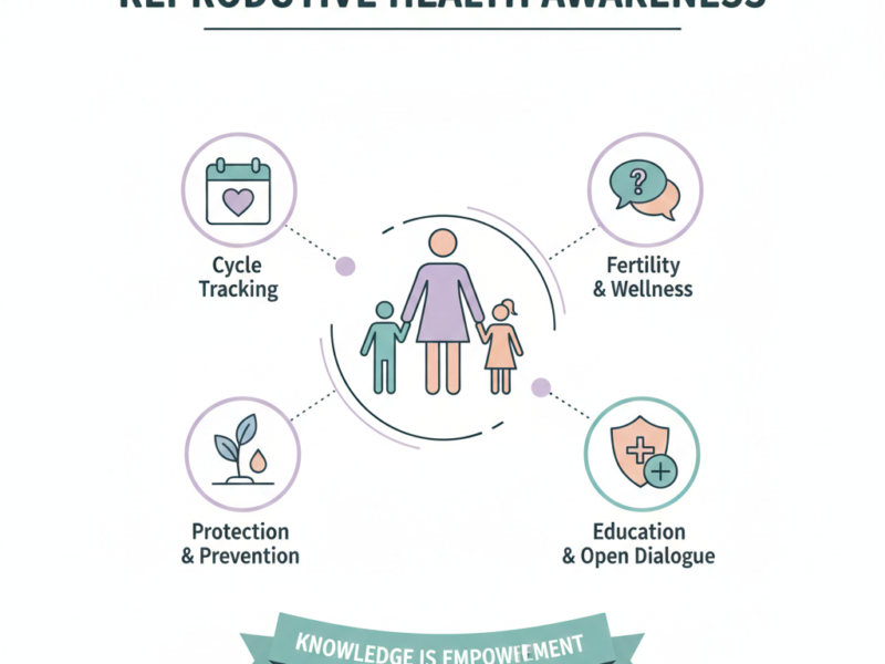 An educational infographic featuring a family silhouette surrounded by four key pillars: cycle tracking, fertility and wellness, protection and prevention, and education and open dialogue.