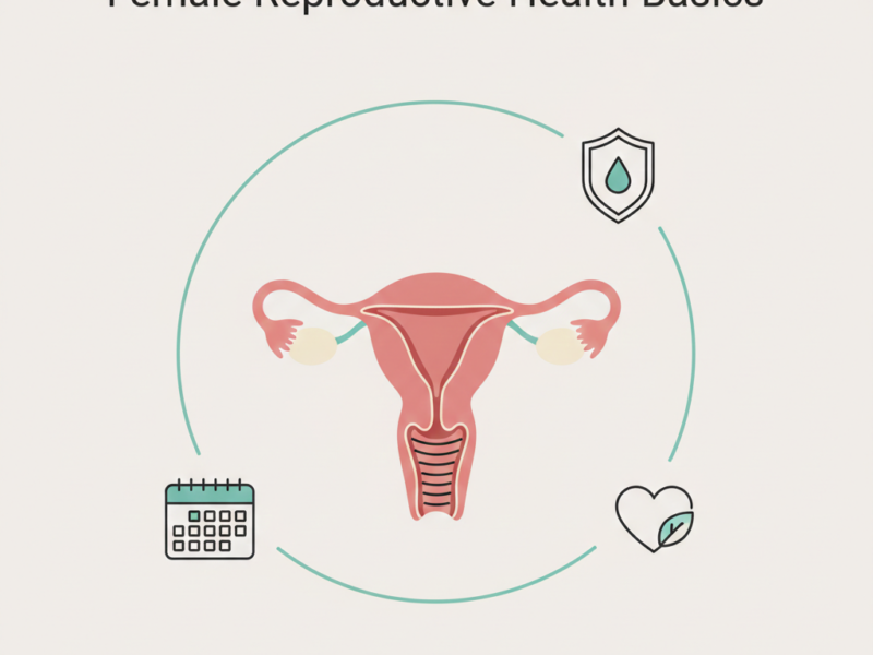 A professional and clean infographic illustrating the female reproductive system alongside icons for cycle tracking, hygiene, and general wellness.