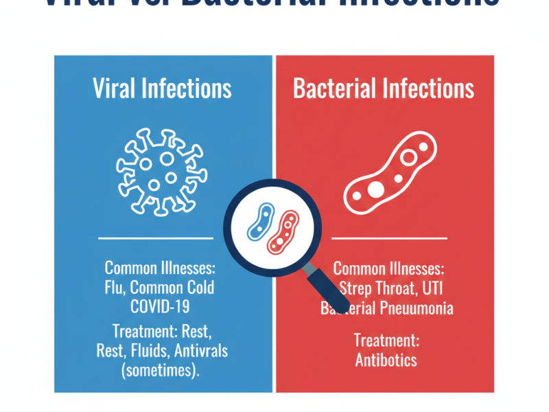 A medical infographic using a split-screen layout to compare viral and bacterial infections, detailing their common illnesses and primary treatment methods.