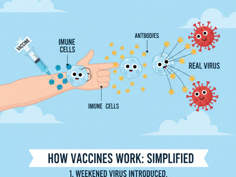 A simple infographic showing a vaccine training immune cells to create antibodies and fight against a virus.